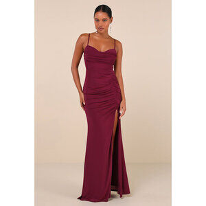 Lulus Flirty Composure Plum Purple Mesh Cowl Bustier Ruched Maxi Dress - Size L